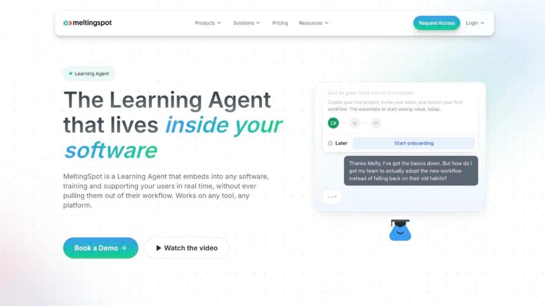 MeltingSpot homepage showing the in-app Learning Agent that coaches users inside their software