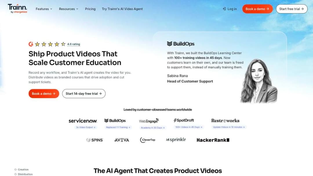 Trainn homepage presenting its AI agent for product videos, guides and a customer academy