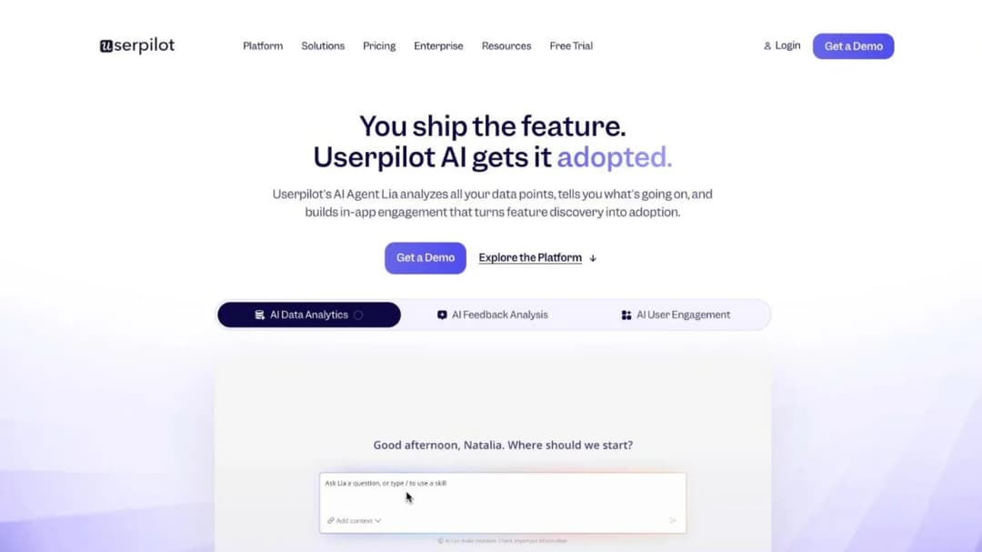 Userpilot homepage presenting its product growth platform for in-app onboarding and analytics