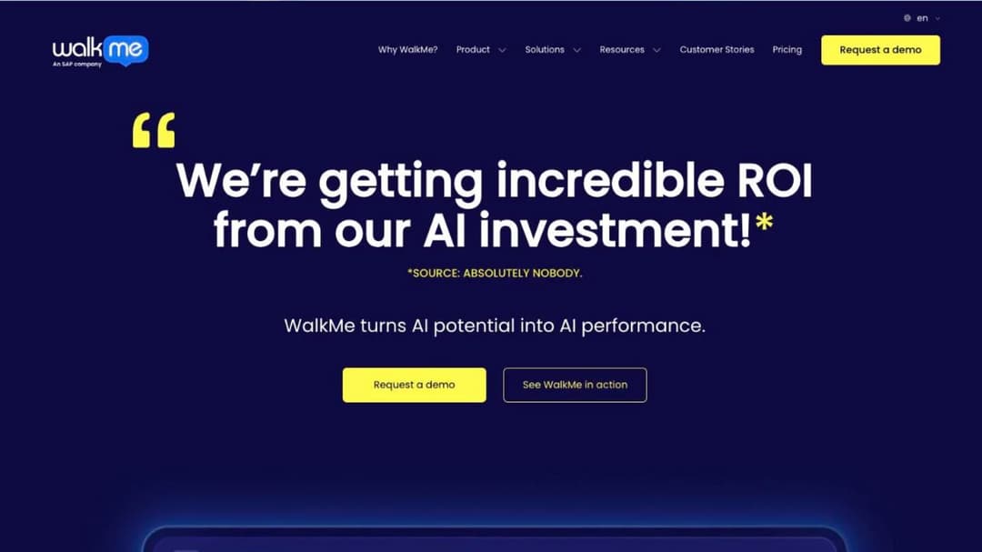 WalkMe homepage presenting its digital adoption platform with AI-assisted guidance for enterprise software