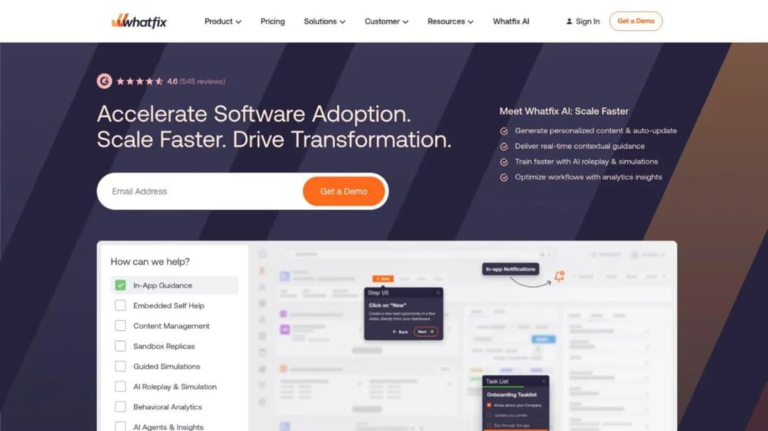 Whatfix homepage presenting its AI-powered digital adoption platform for enterprise applications