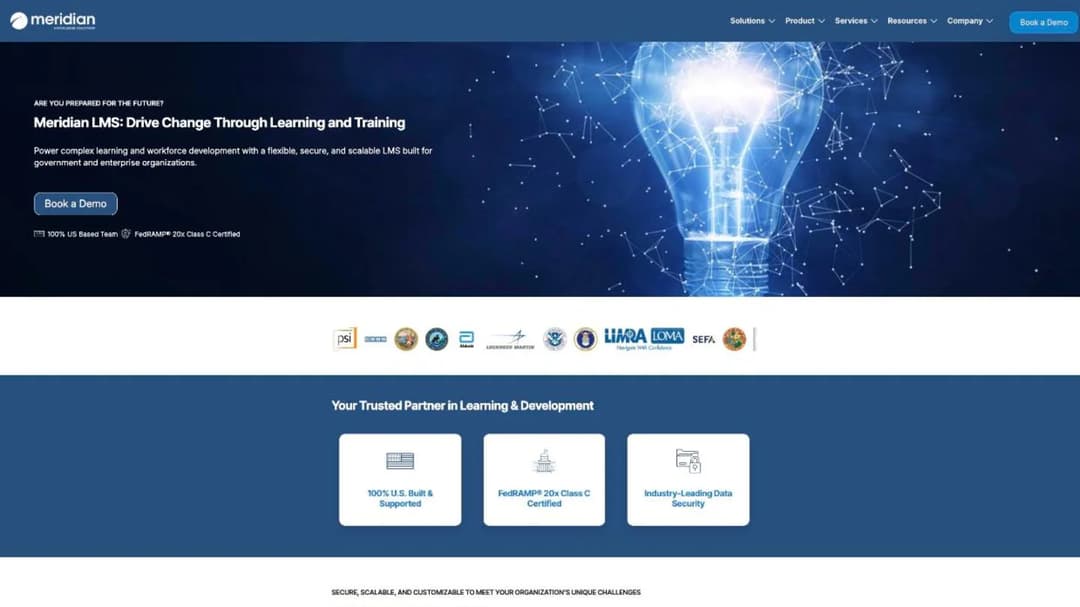 Meridian LMS homepage, a FedRAMP-certified learning platform for government and enterprise
