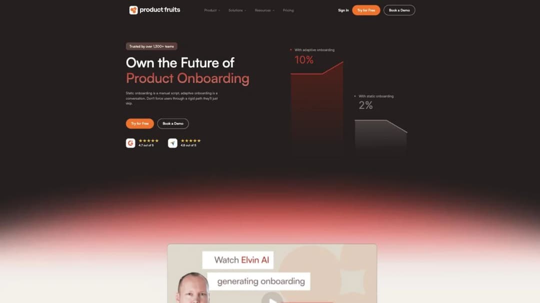 The Product Fruits homepage, contrasting adaptive onboarding with static onboarding flows