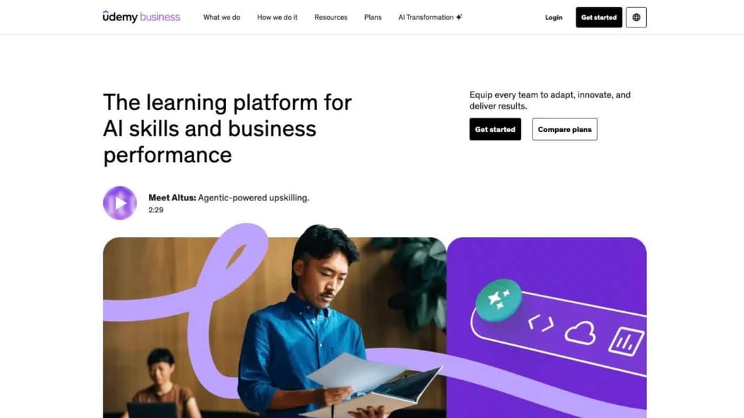 The Udemy Business homepage, showing its course marketplace and library for teams