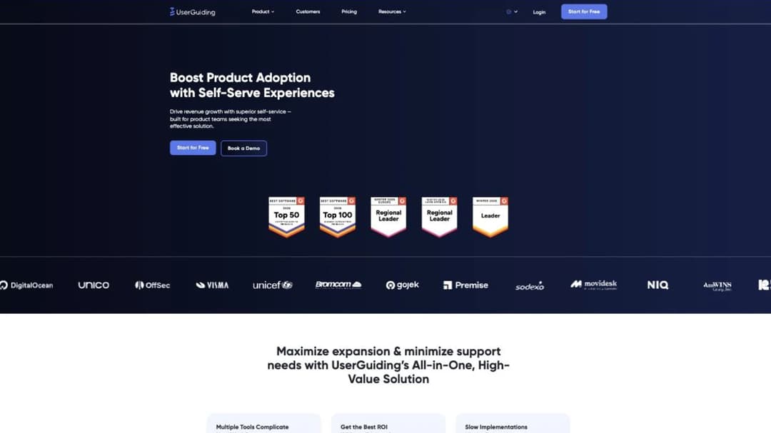 The UserGuiding homepage, showing its no-code self-serve product adoption toolkit