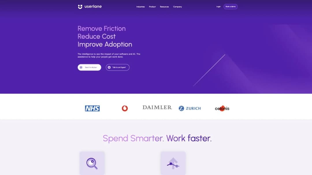 Userlane's homepage, promising less friction and better software adoption in regulated industries