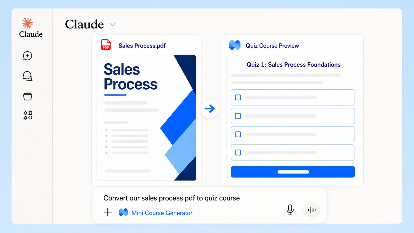 Claude turning a sales process PDF into a quiz course with Mini Course Generator