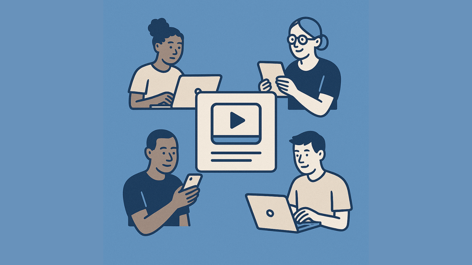 Flat illustration of diverse learners using laptops, tablets, and smartphones to access the same online course content, representing inclusive and accessible digital learning.