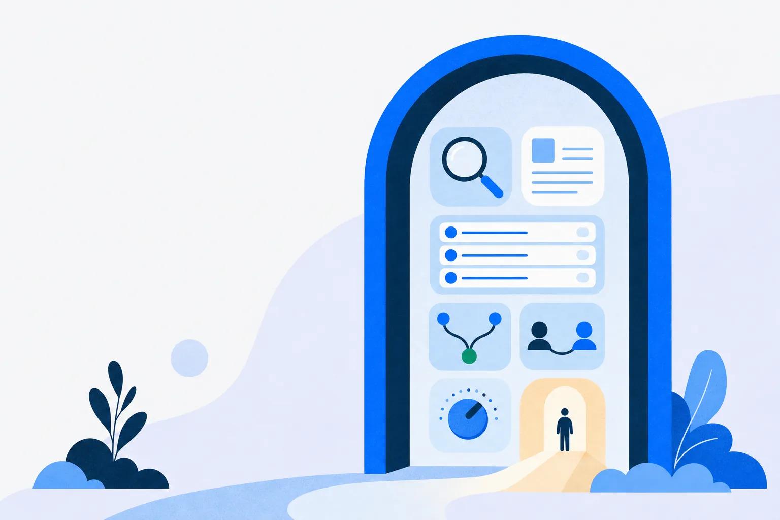 Puerta de un portal que revela siete componentes de autoservicio, del buscador a los cursos y el camino humano