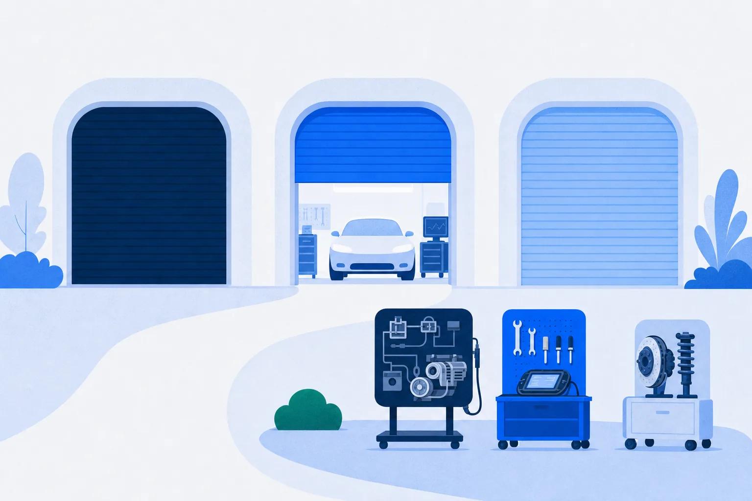 Three rounded garage bays in blue tones with the center door lifted, three families of automotive LMS and training tools