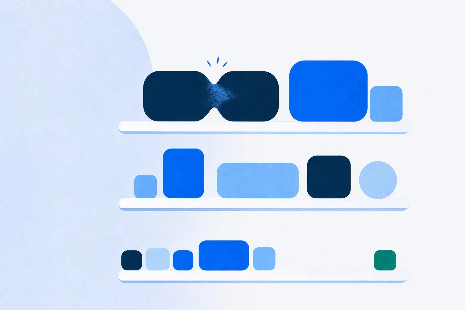 Three shelves of platform blocks with two merging into one, the consolidating customer education platform market