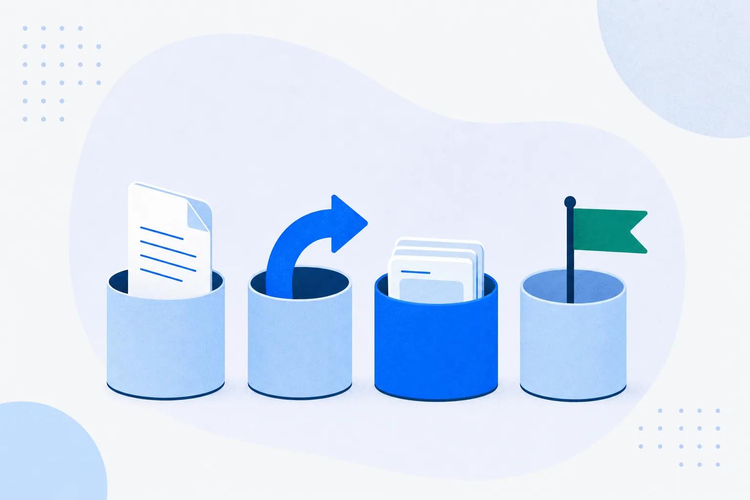 Four labelled containers holding different shapes, showing four categories of employee onboarding software