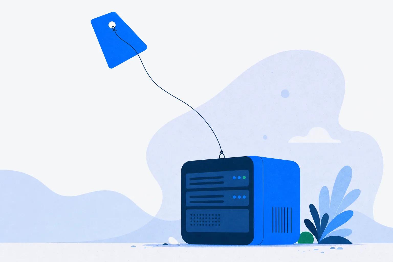 A weightless price tag floating on a string anchored to a heavy server block on the ground