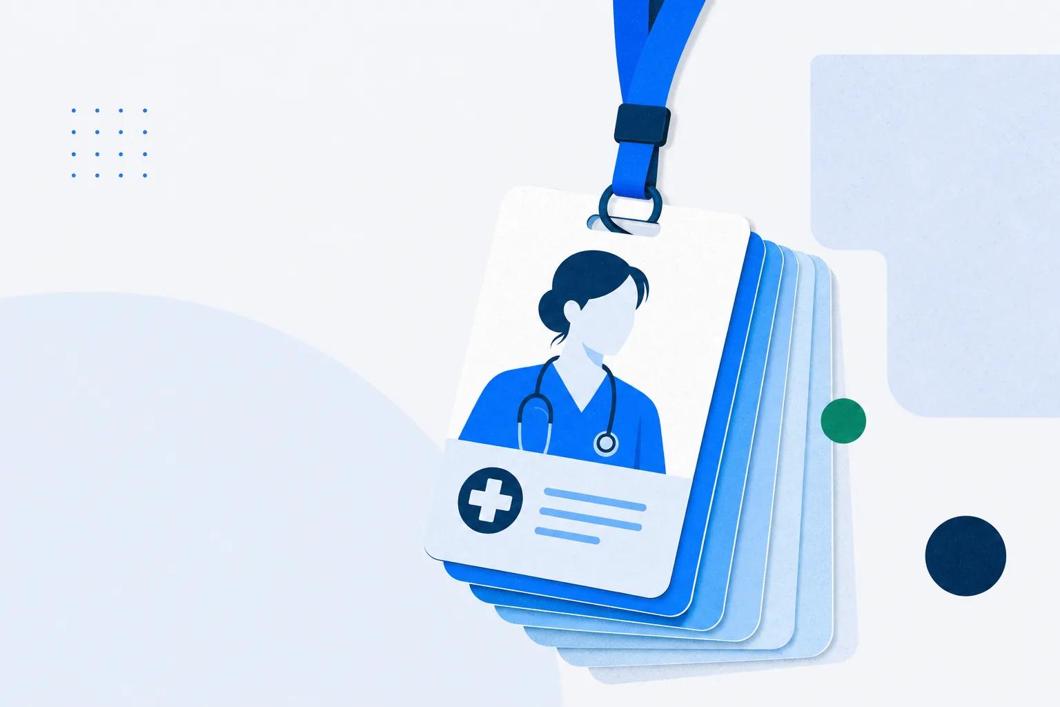 A hospital badge lanyard whose ID card is a stack of certificates, one credential per layer