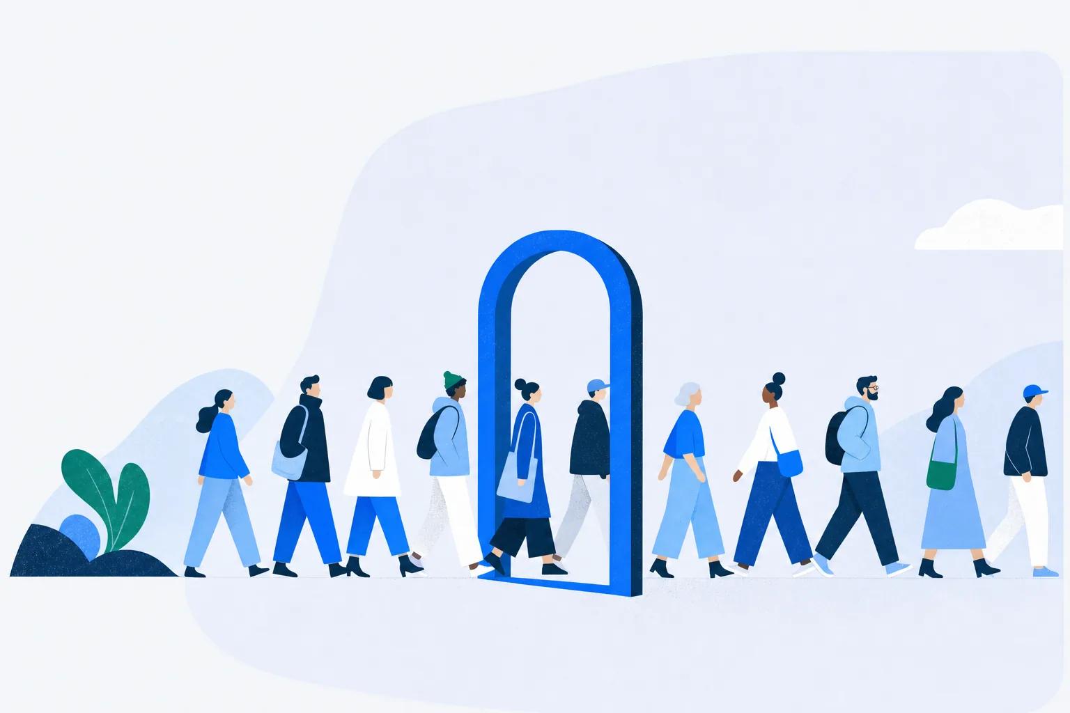 A stream of simplified figures passing through one unchanging doorway, one after another