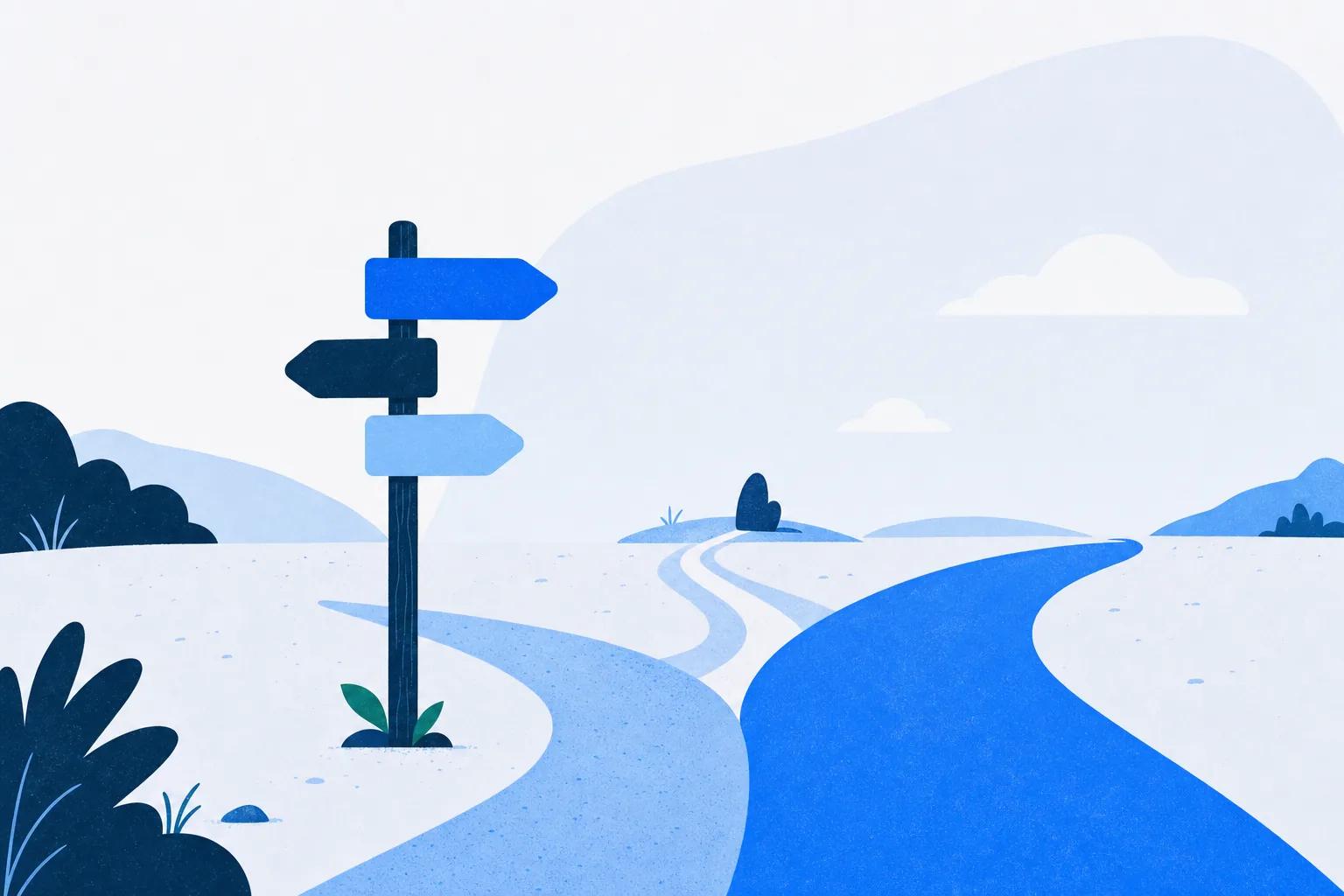 Three diverging paths from a single signpost, the three product categories behind one sales training search