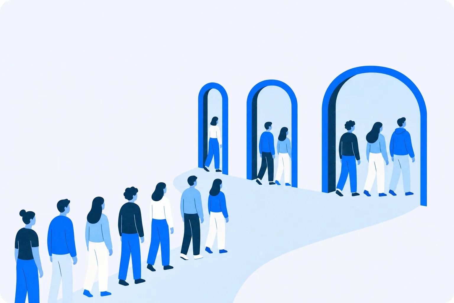 Three gates of different widths side by side, each admitting a different number of figures