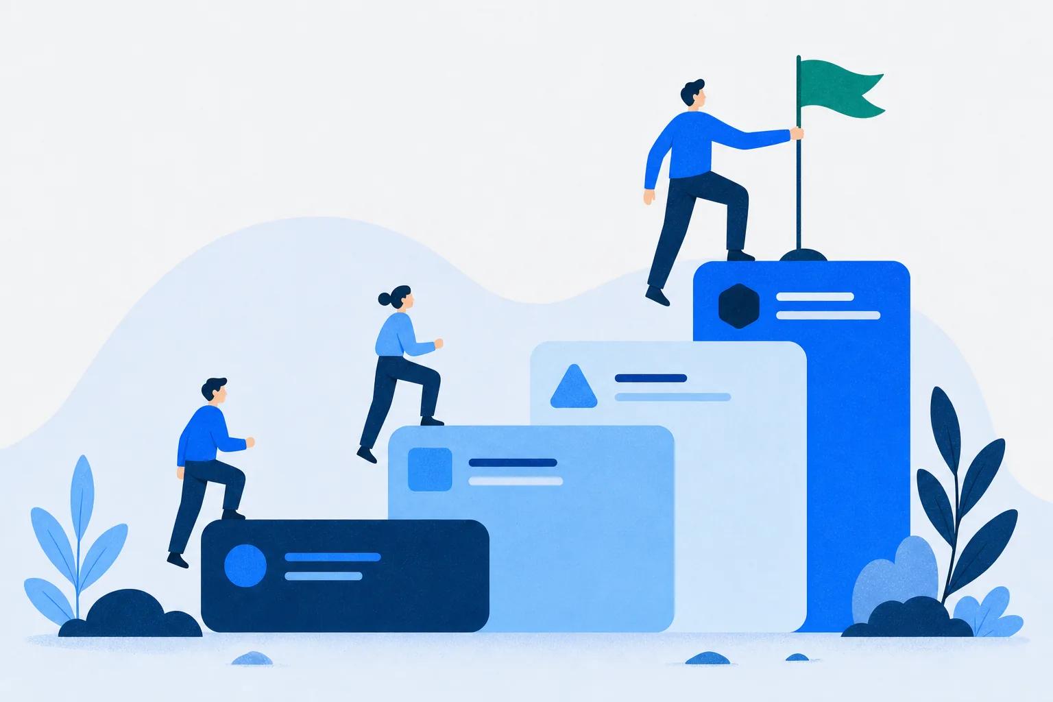 Flat figures climbing a staircase of course cards toward an emerald flag, customer education as a step-by-step climb