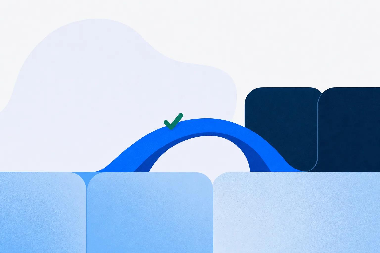 A bridge connecting two layers of blocks with an emerald check, customer education metrics bridged by verified understanding