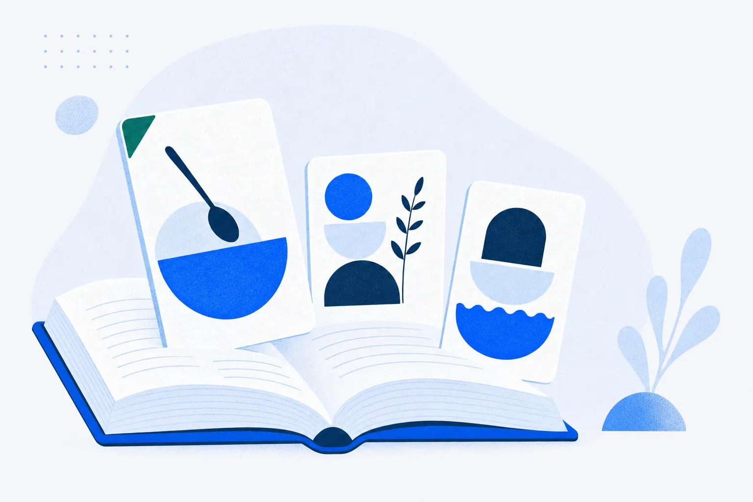 Recipe cards rising from an open book, customer education program examples as build recipes to steal