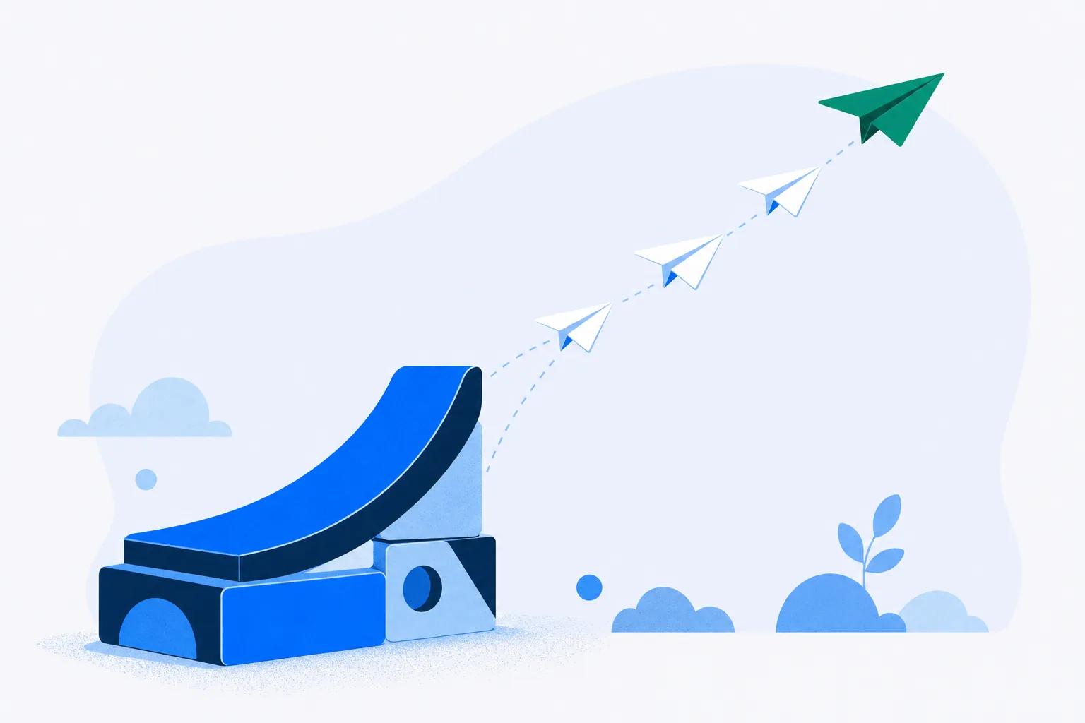 Paper planes launching in formation from a block ramp, customer enablement as a system that makes many capable