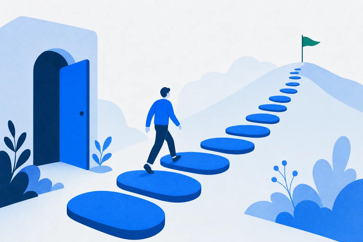 A figure crossing stepping stones from a doorway toward an emerald flag, the customer onboarding path to first value