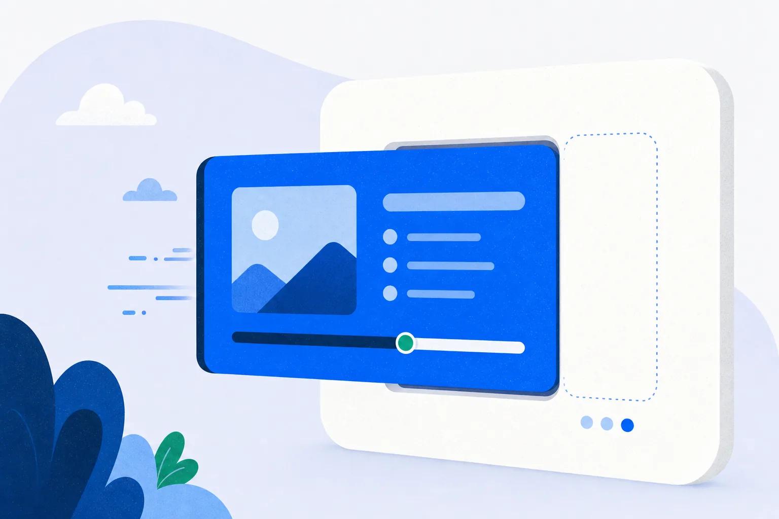 Course card sliding into a matching slot inside a website frame, showing an embedded LMS placing learning in your own app