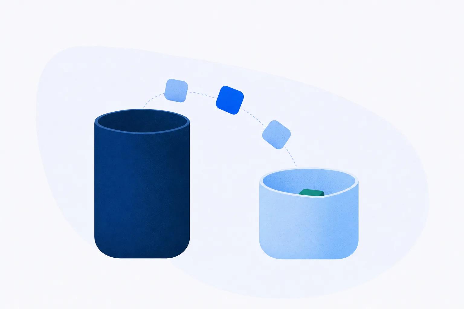Blocks travelling in an arc from one container into another, showing knowledge handed from a manager to a new employee