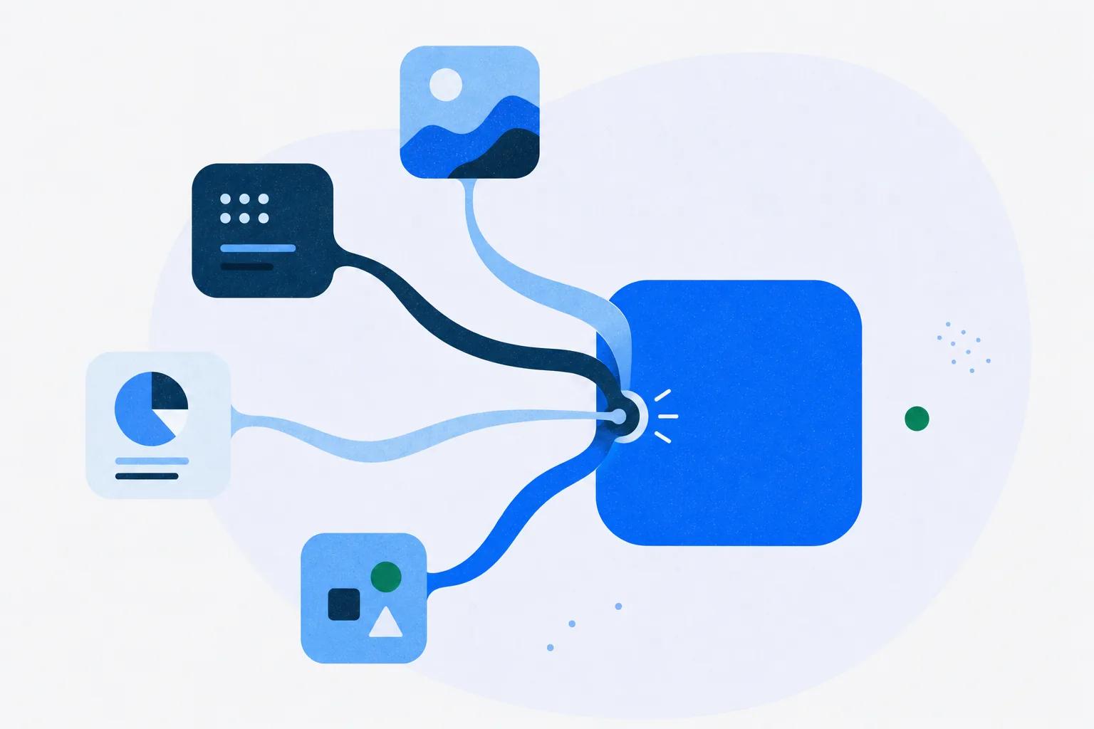 Rounded blocks linking to one blue hub by curved threads, showing an LMS integration connecting separate systems