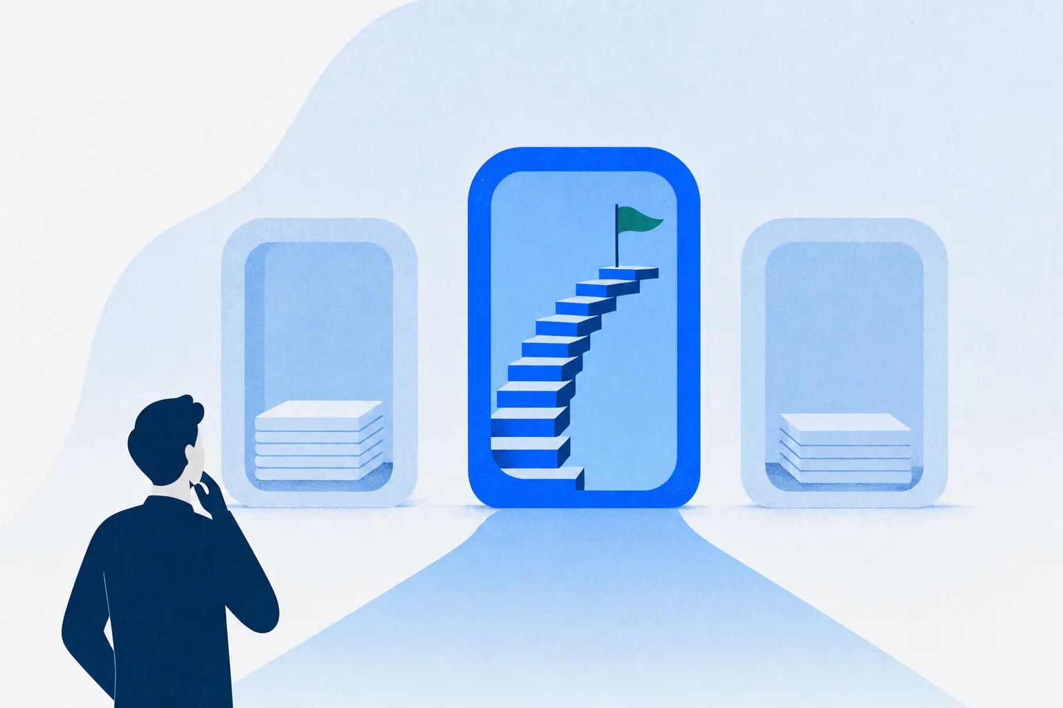 Three rounded containers side by side, the blue center one holding rising steps, showing the LMS vs CMS vs LCMS choice