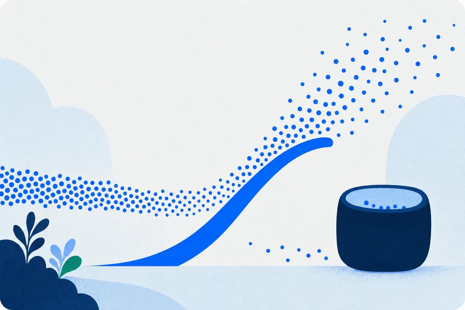 Blue arc redirecting a stream of circles away from a container, illustrating education-first ticket deflection