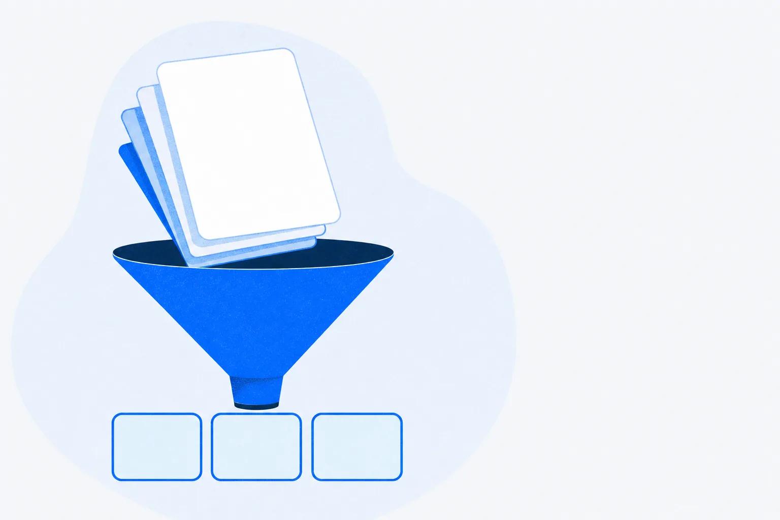 Plain documents feeding into a funnel and emerging as three neat cards, standing for existing material turned into modules