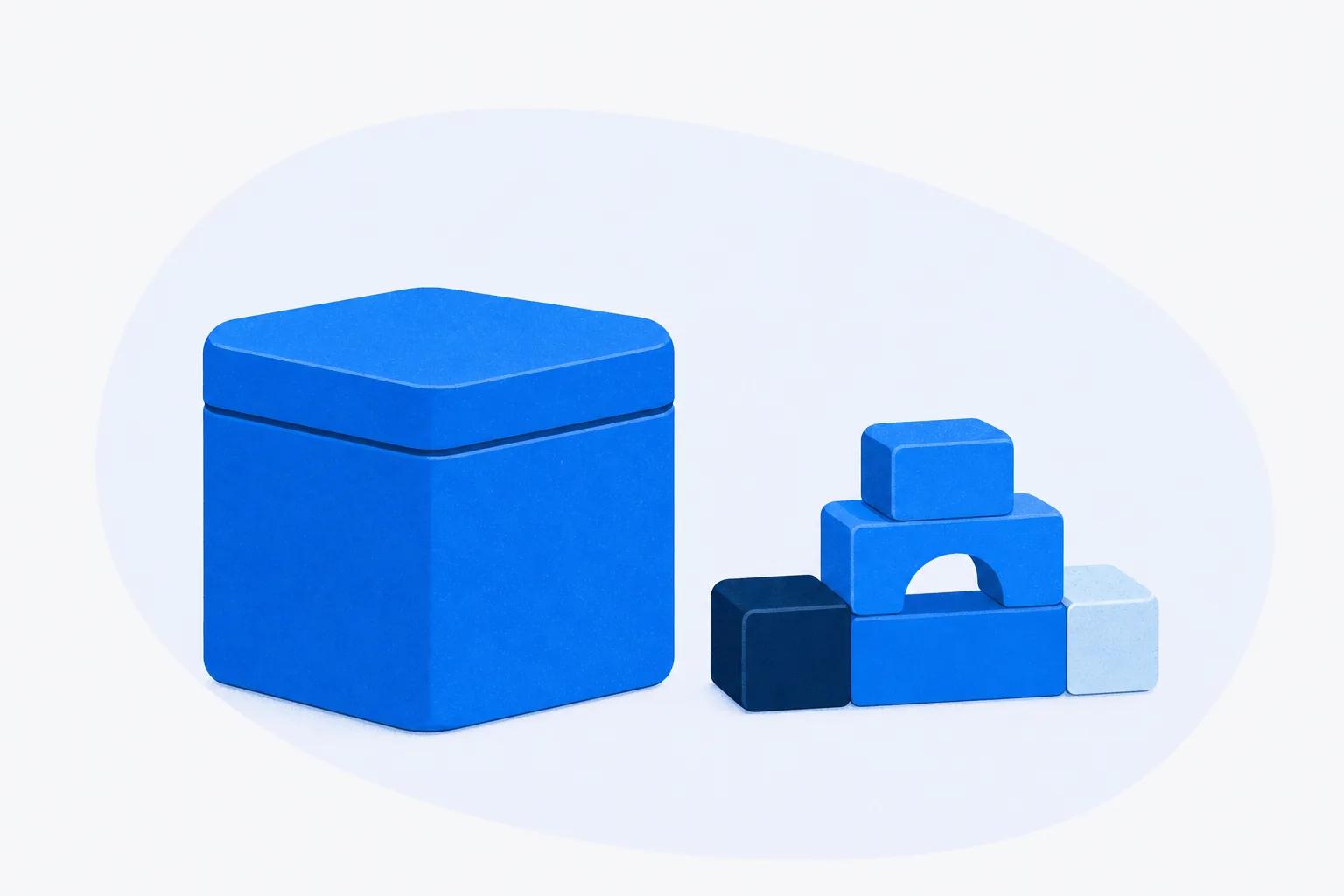 A sealed box beside a few blocks already assembled, standing for buying a course or building your own