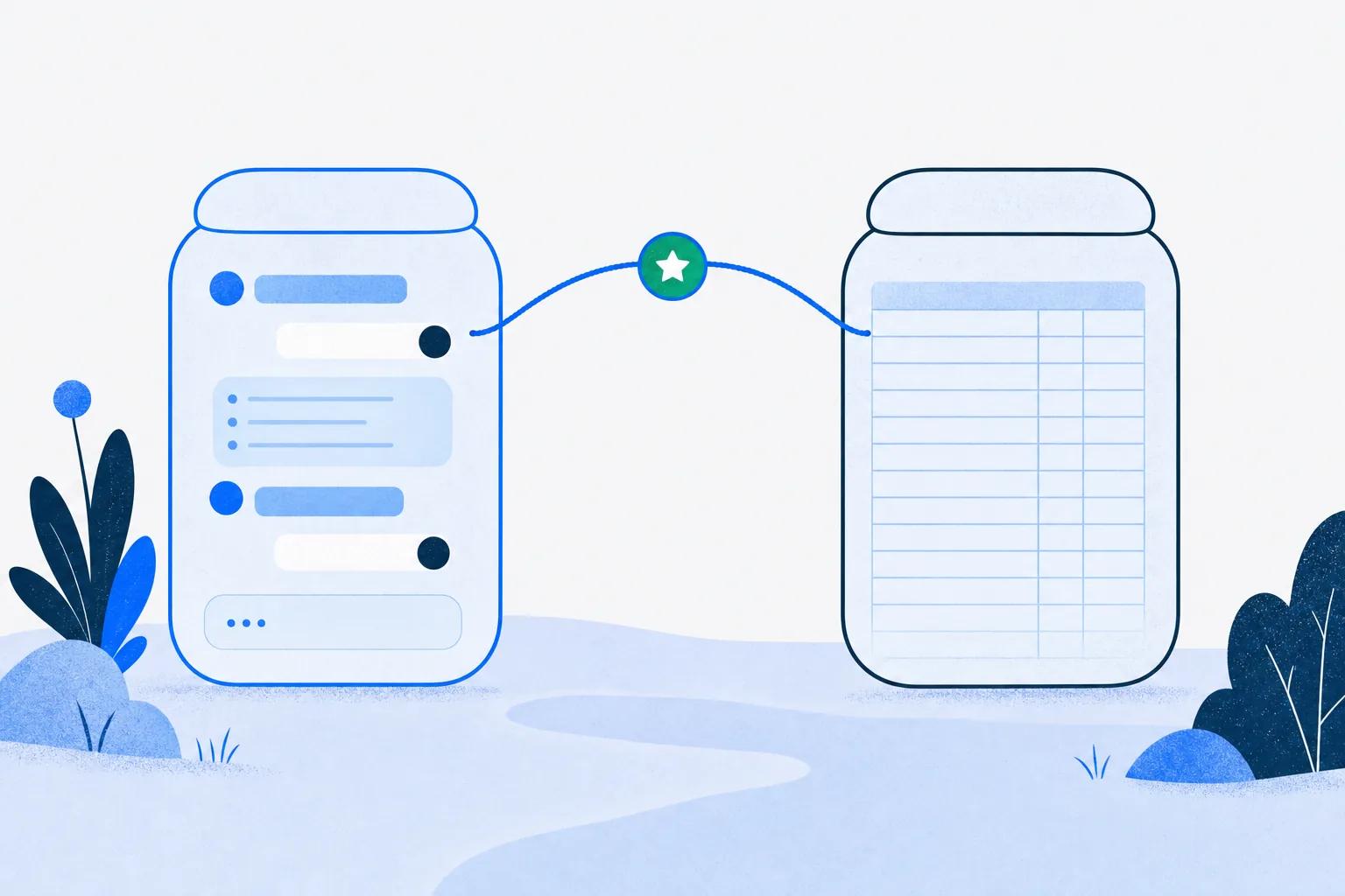 A blue thread arcing a score token across a gap from a practice container to a record ledger