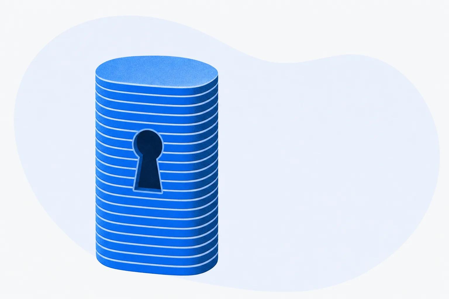A tall stack of layers with a keyhole on its front, standing for enterprise platforms judged on access, audit and scale
