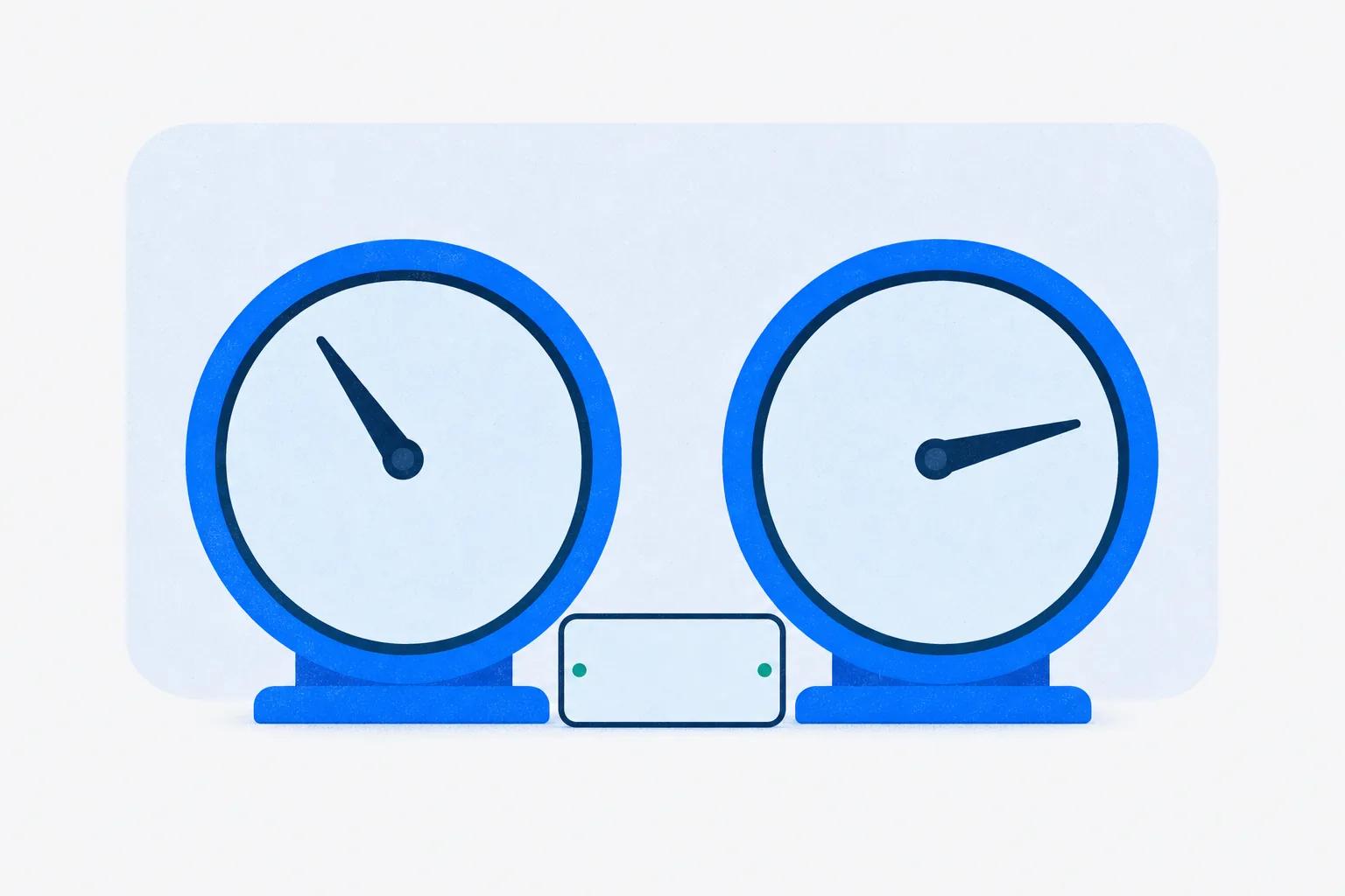 Two identical dials reading very differently, standing for one word that means two different meters