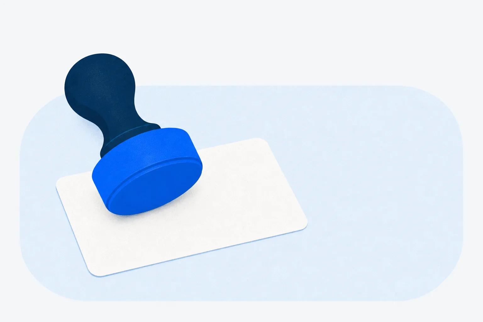 A stamp resting on a blank card, standing for the authorizations an agency checks before it buys