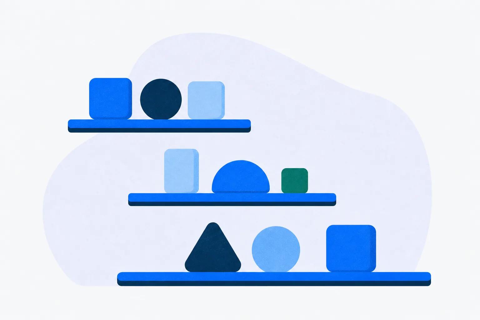 Three shelves each holding differently shaped blocks, standing for platforms grouped by the job they're built for
