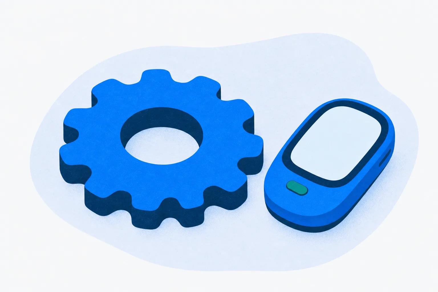 A large gear beside a small handheld device, standing for training that reaches shift workers on the plant floor