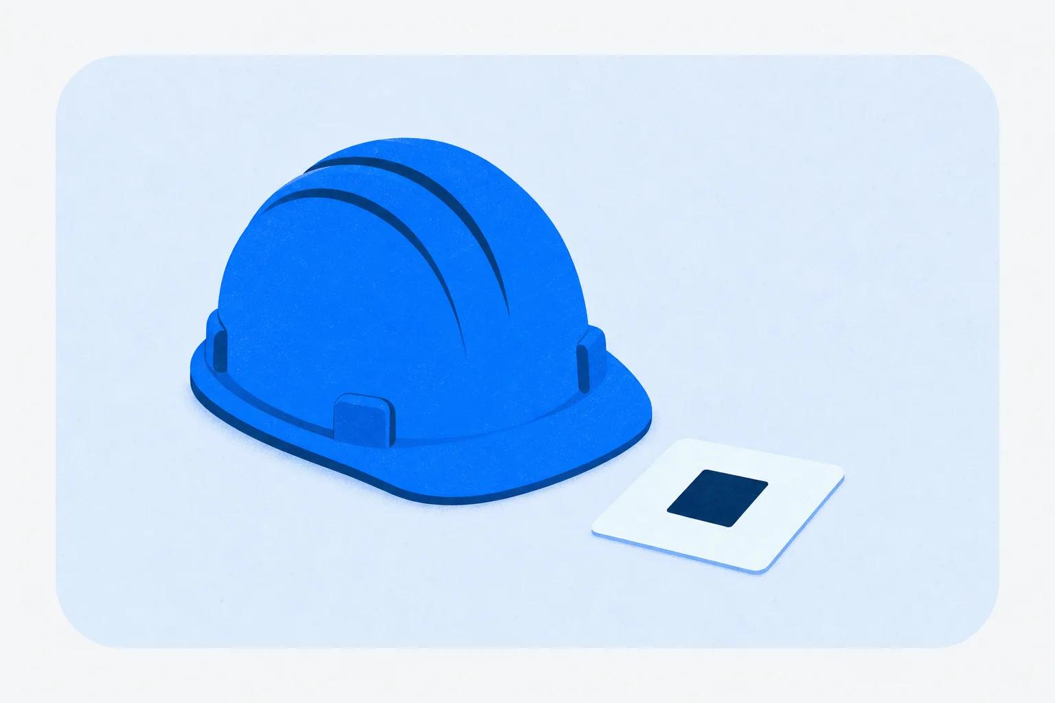 A hard hat beside a small card, standing for safety training that reaches the people on the floor