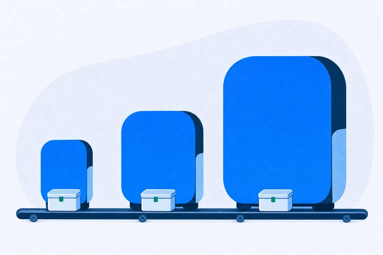 Three machines of different sizes on one rail, each producing the same sealed box, for tools that export one package