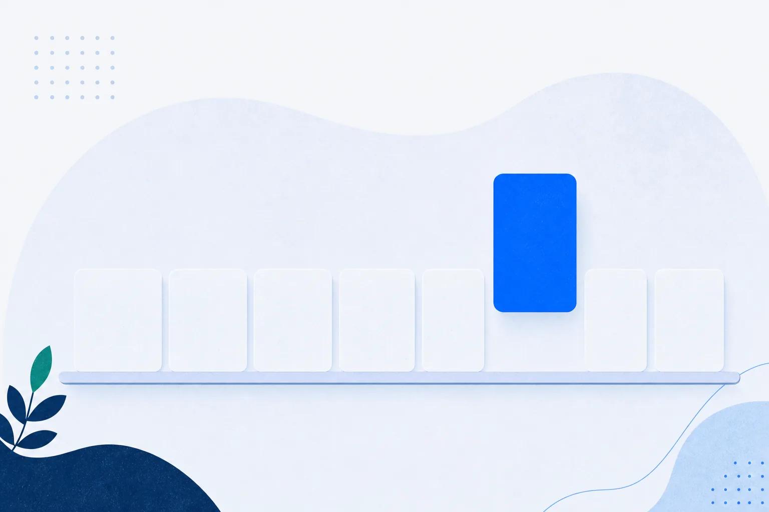One tile lifted forward in solid blue while the other six in the row stay flat and pale