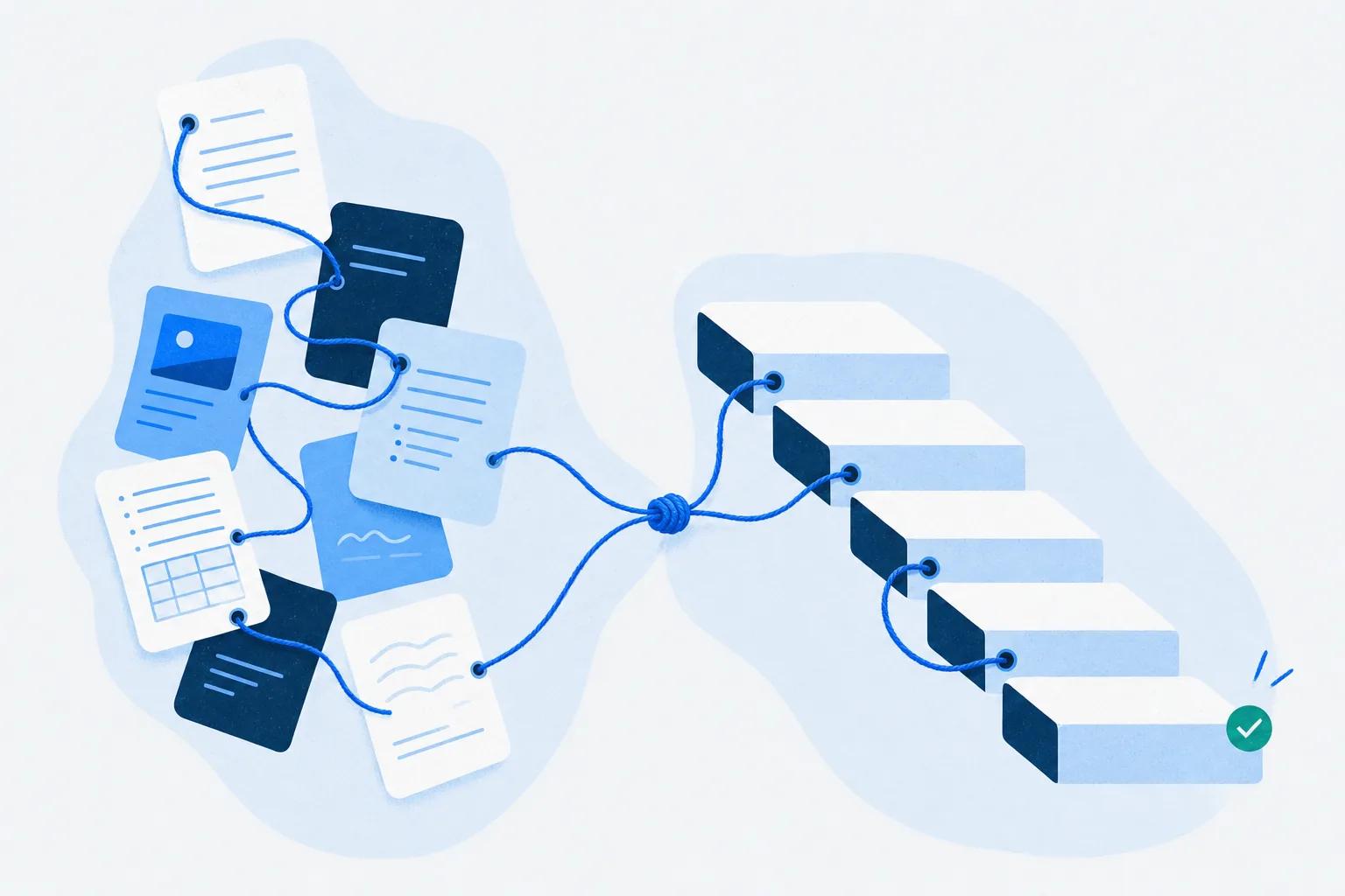 Scattered document pages drawn by a blue thread into an ordered stair of lesson blocks