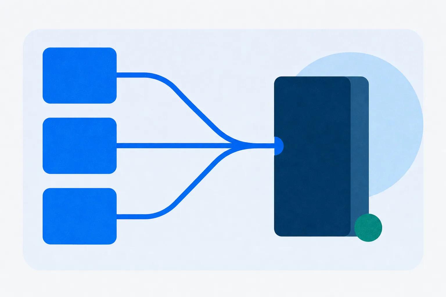 Three identical frames each sending a blue thread that converge into one notch on a single block