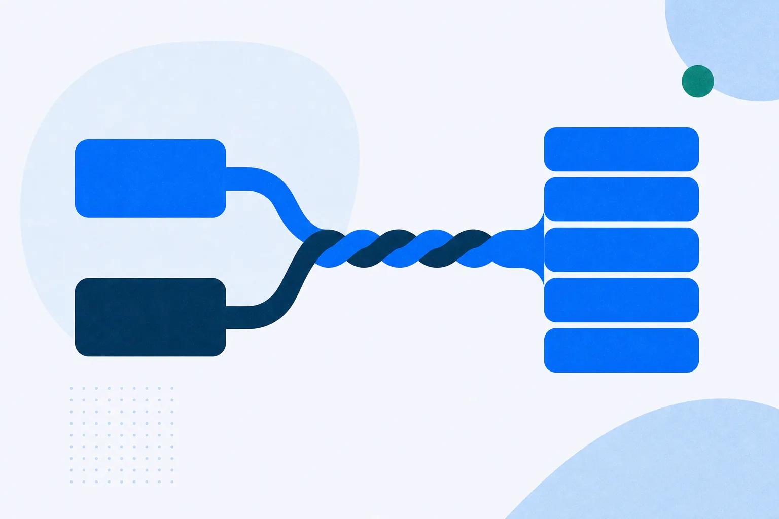 Two threads from document containers braiding into one that builds a course block