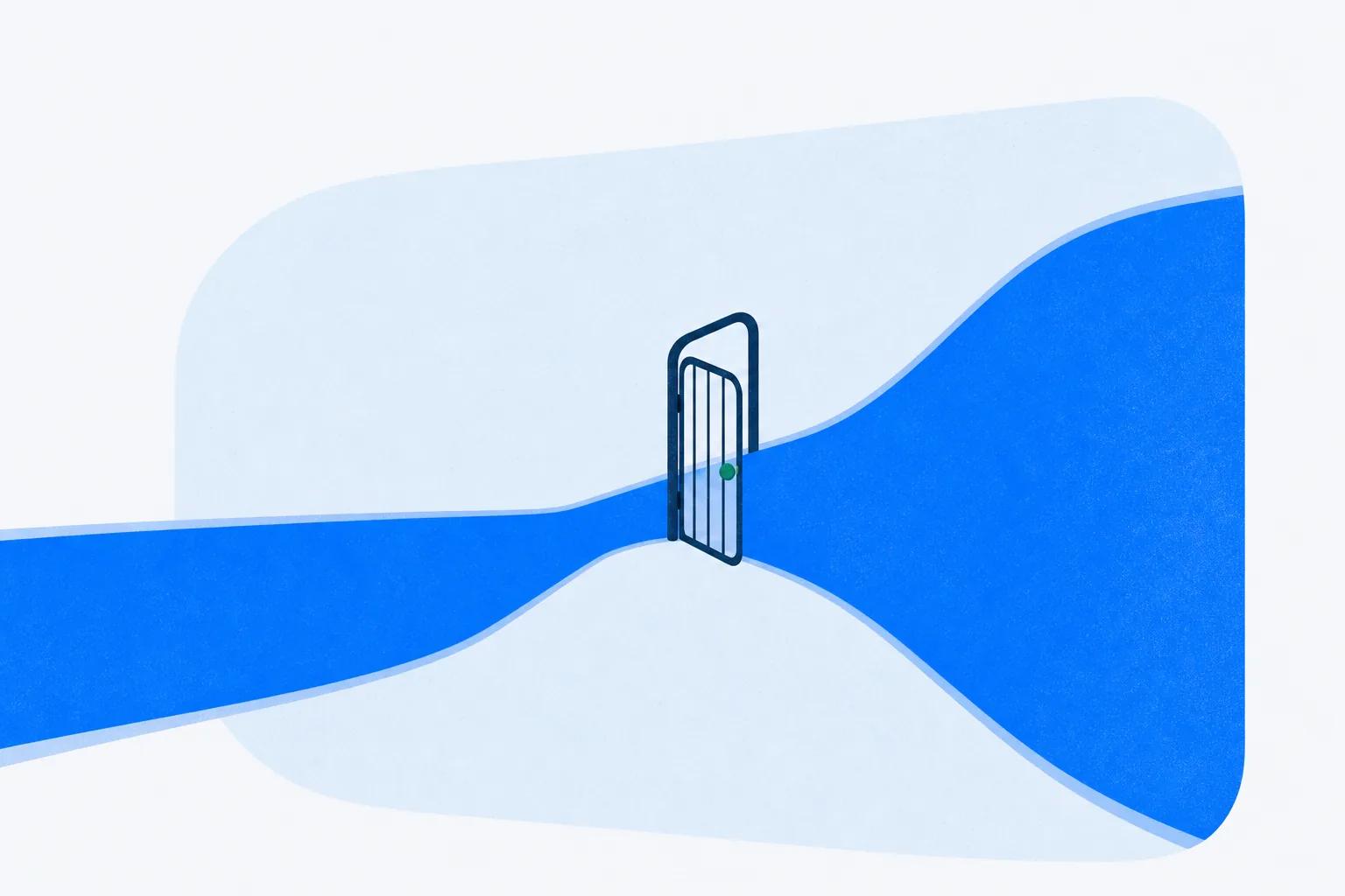 A path that narrows at an open gate then widens again, standing for where a free tier stops and what lies past it
