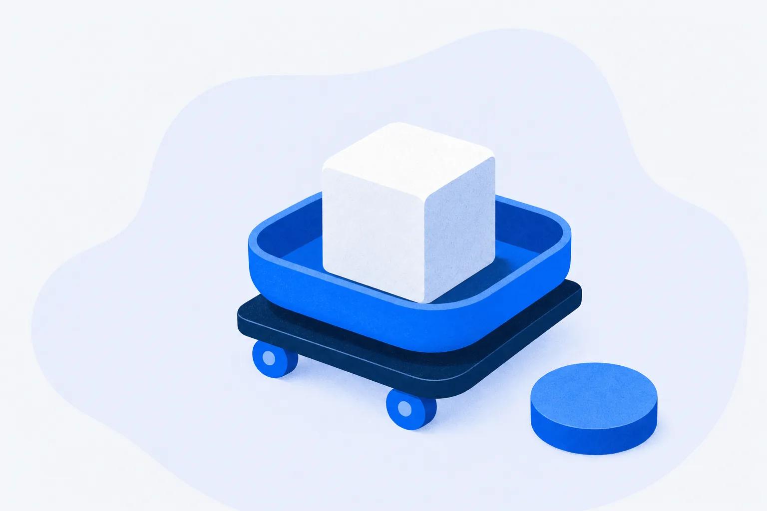 A cart tray carrying one block beside a single disc, standing for selling a course where you deliver it