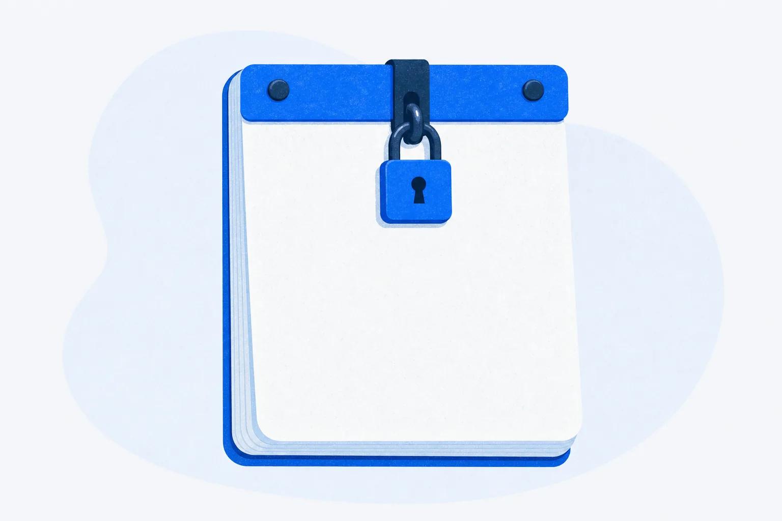 A tear-off calendar pad locked shut at the binding, standing for the notice period and auto-renewal behind an eduMe contract