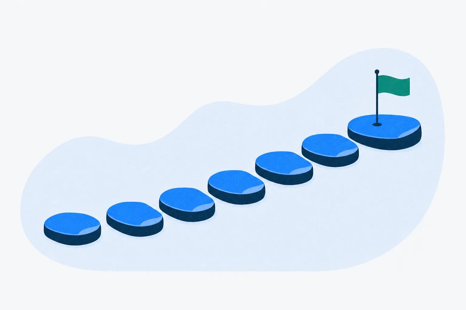 Seven stepping stones rising to a small flag, standing for a selection process that ends in a decision
