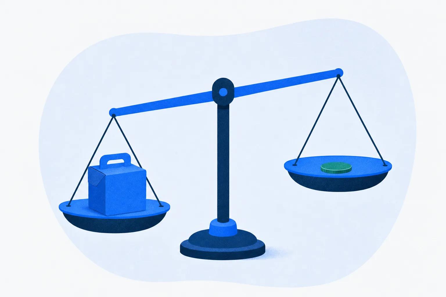 A balance scale weighing a packaged course box against one coin, standing for fees against exportability